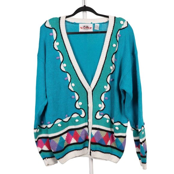 Extra Touch Sweaters - VTG 80s Cardigan Sweater 40 20W Button Up Teal Geometric Grammacore Cottagecore